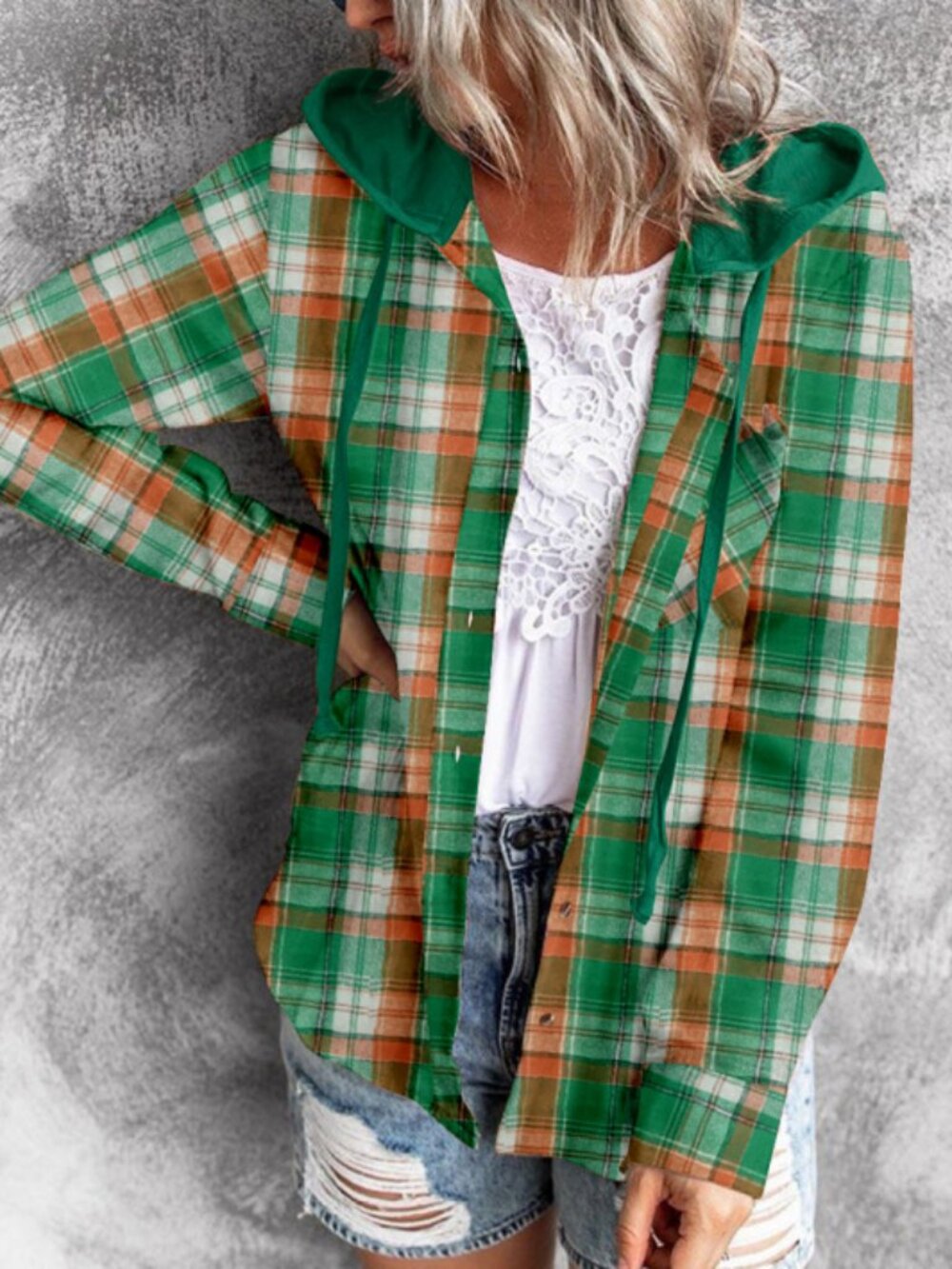 Women's Dark Green Plaid Hooded Pullover Shirt Casual Long Sleeve Top